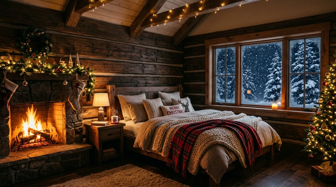 Use a wreath as a simple bedroom focal point inspiration for a Christmas bedroom.